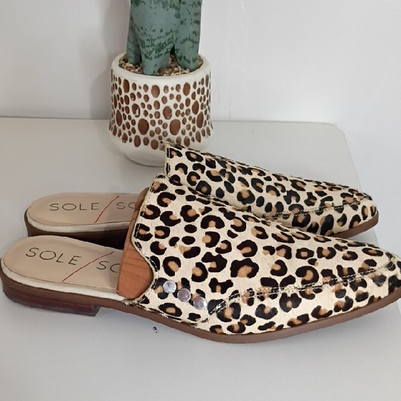 Sole Society Size 7 Cheetah Print Pointed Toe Mules Tan Black Leather Calf Hair - Picture 5 of 10